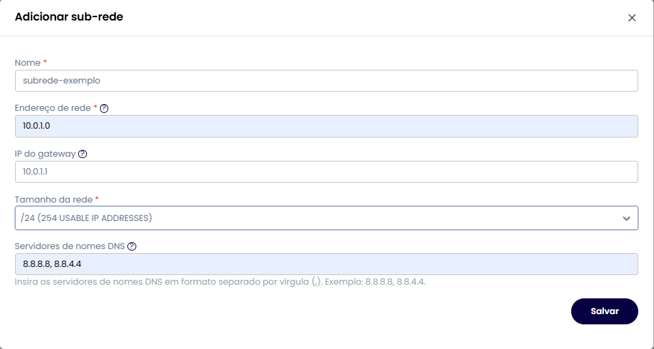 Modal de adição de sub-rede