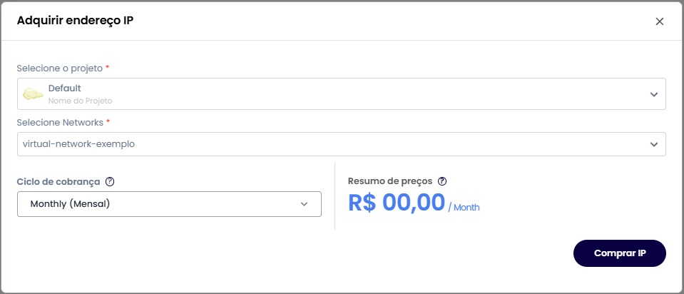 Modal de aquisição de IP Flutuante