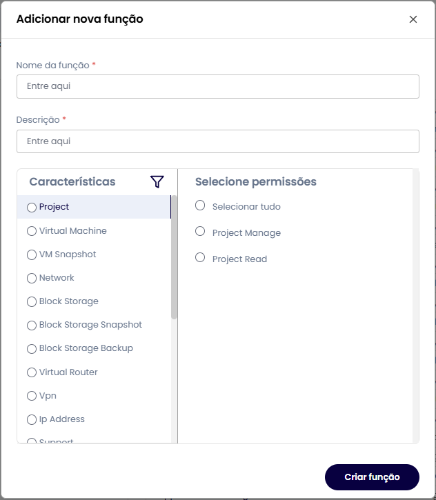 Modal de criação de função