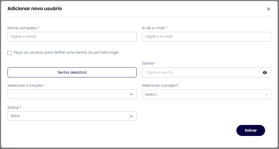 Modal de adição de novo usuário