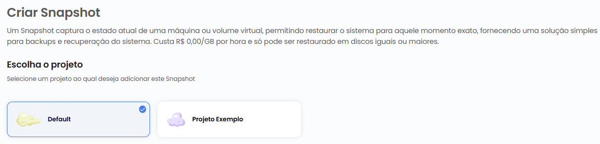 Tela de criação de Snapshot