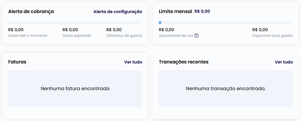 Alertas, limite mensal, faturas e transações recentes