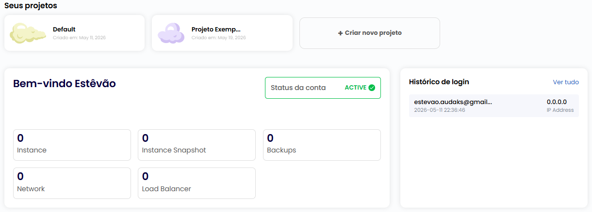 Painel do Audaks Cloud com projetos