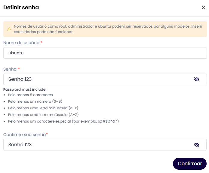 Definir usuário e senha