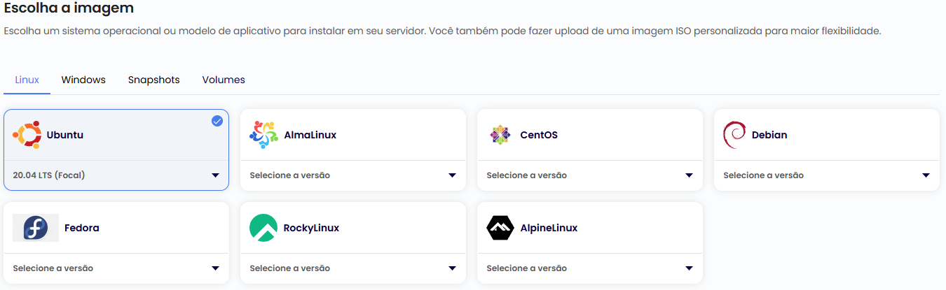 Escolha da imagem do sistema operacional