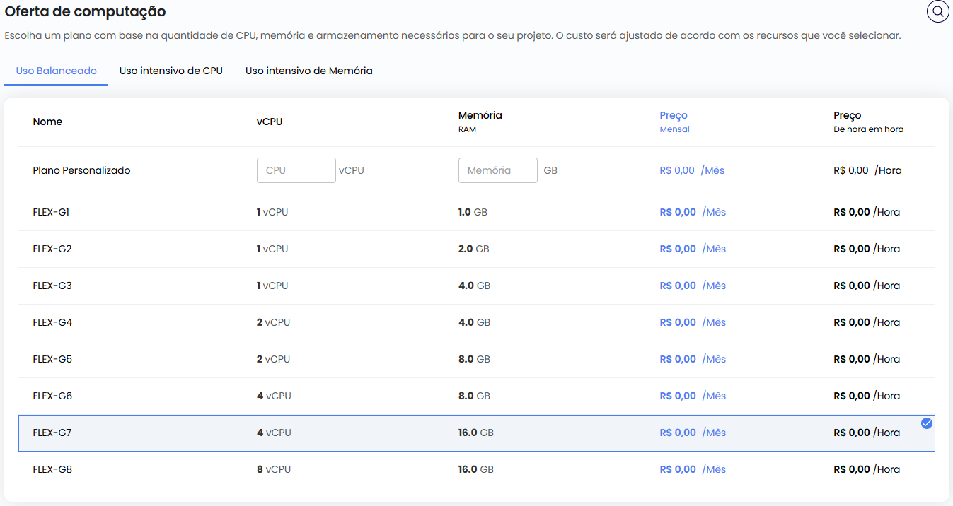 Oferta de computação — seleção do plano