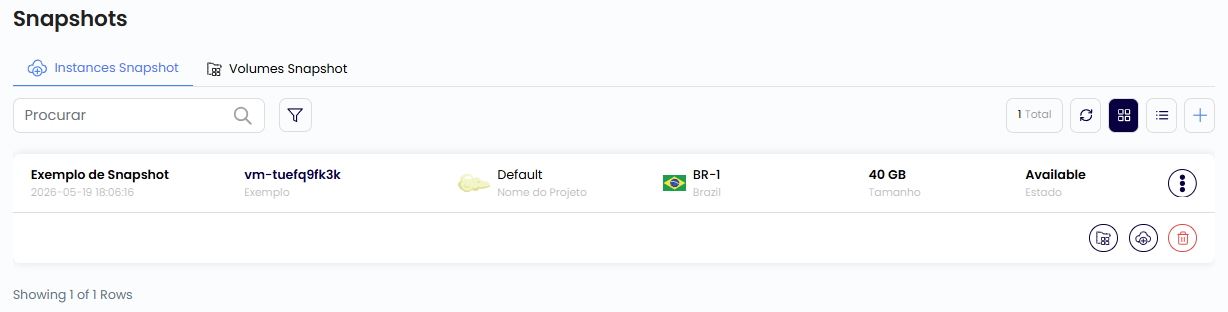 Exemplo de snapshot de instância na lista