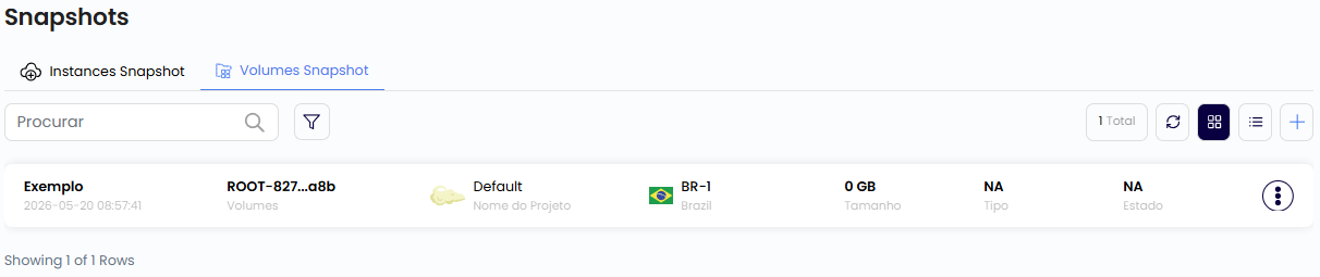 Exemplo de snapshot de volume na lista