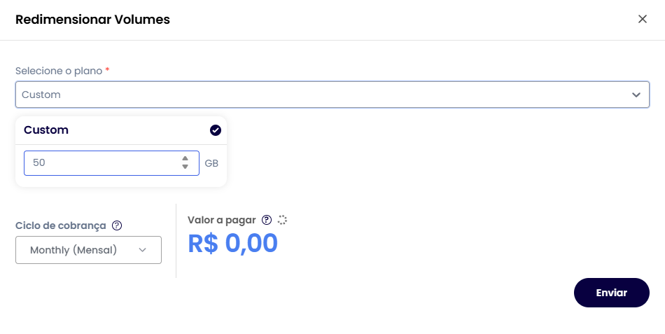 Modal de redimensionamento com a opção Custom