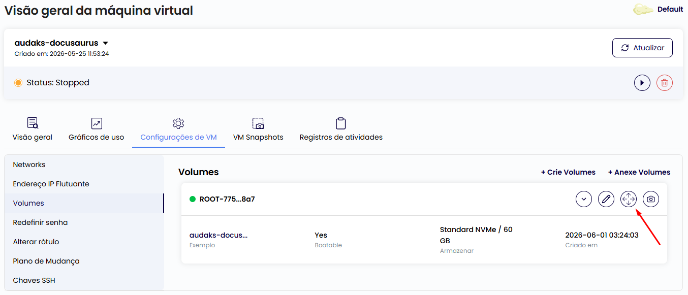 Aba Volumes da VM desligada, com o botão de redimensionar em destaque