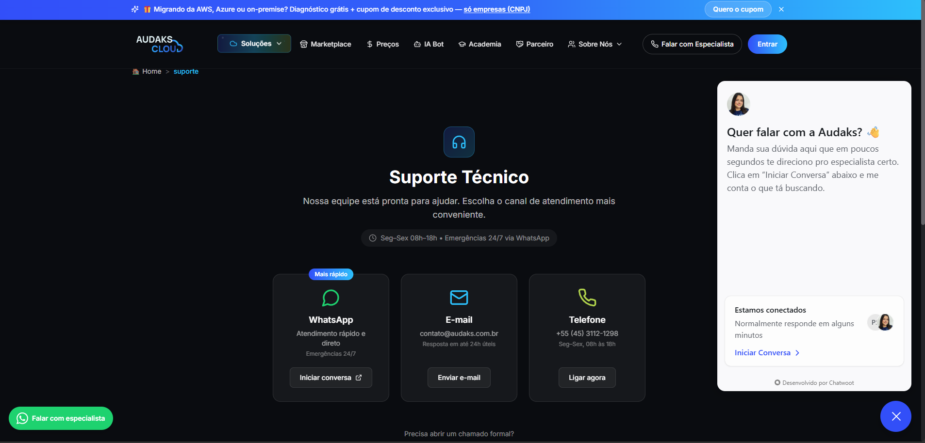 Página de Suporte Técnico da Audaks