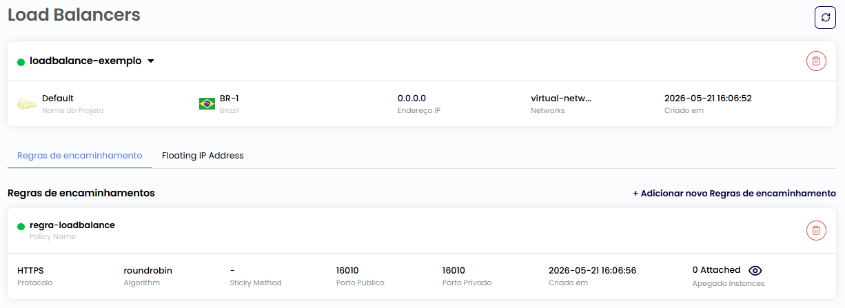Regras de encaminhamento do Load Balancer