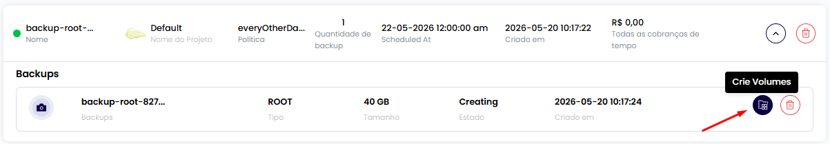Backup expandido com ponto de restauração disponível