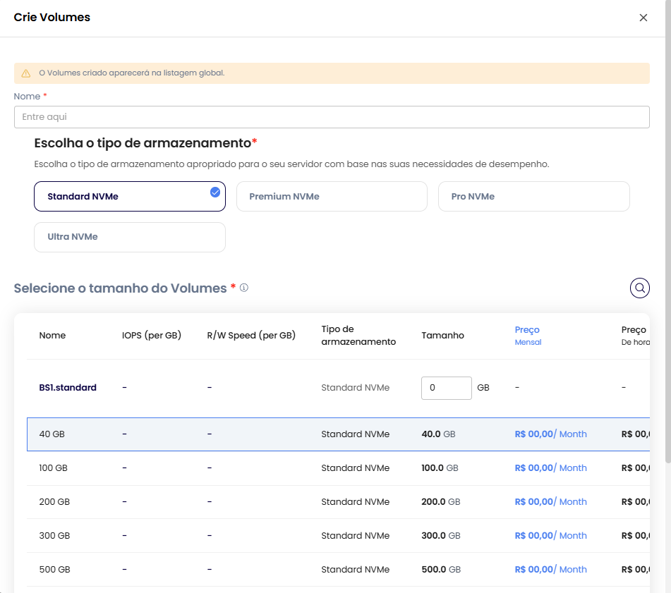 Modal de criação de volume a partir do backup