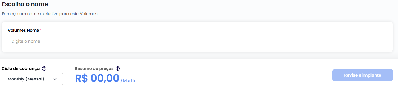 Nome do volume e botão de implantação