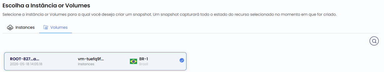 Seleção do volume para o snapshot