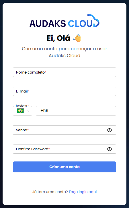 Tela de cadastro — nova conta