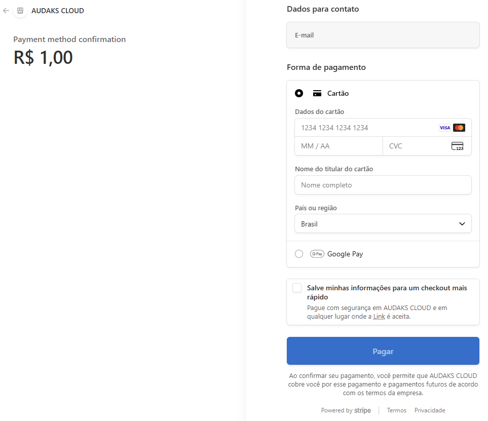 Tela de pagamento via Stripe