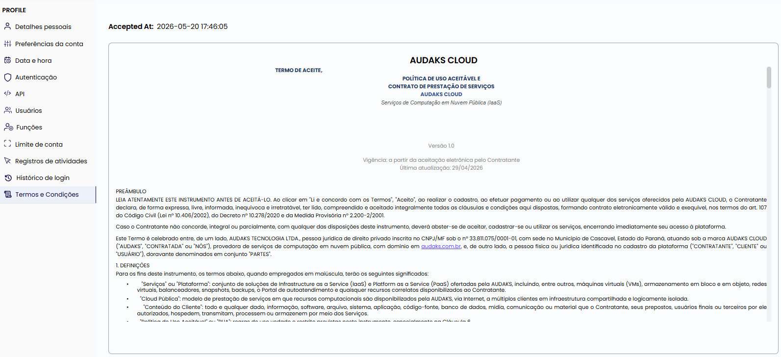 Termos e Condições aceitos